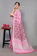 Baby Pink Linen Cotton Embroidery Saree