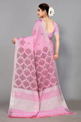 Baby Pink Linen Cotton Embroidery Saree