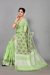 Pista Green Linen Cotton Embroidery Saree