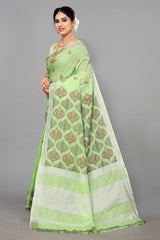Pista Green Linen Cotton Embroidery Saree