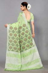 Pista Green Linen Cotton Embroidery Saree