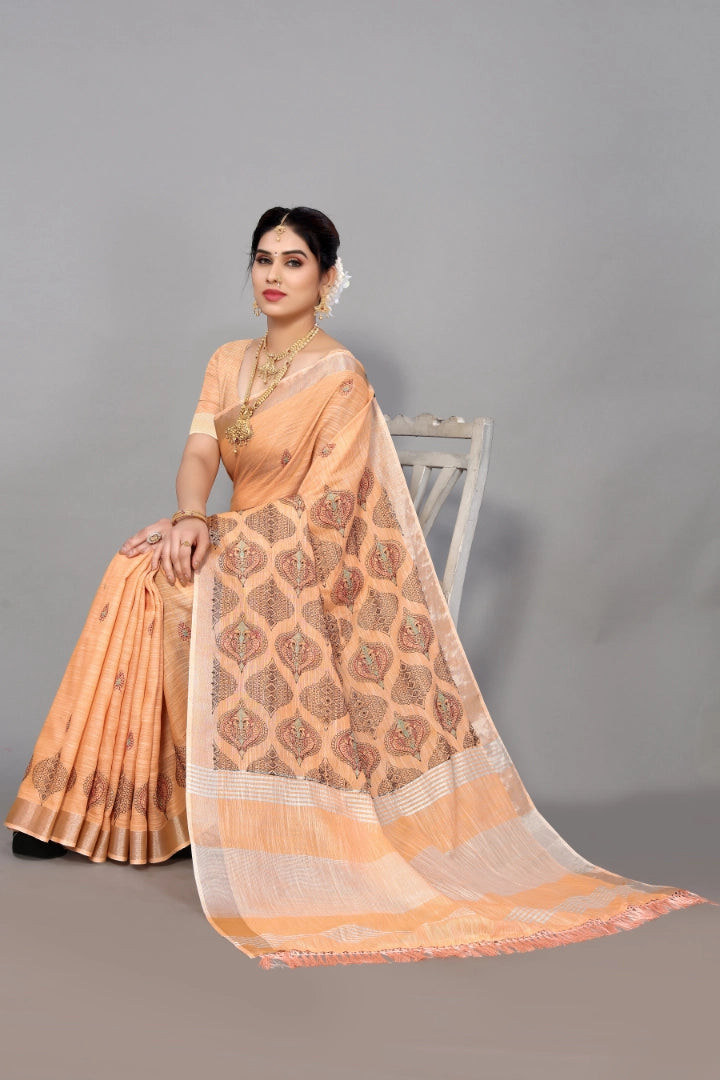 Salmon Orange Linen Cotton Embroidery Saree