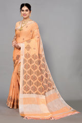 Salmon Orange Linen Cotton Embroidery Saree