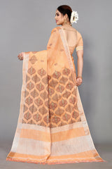 Salmon Orange Linen Cotton Embroidery Saree