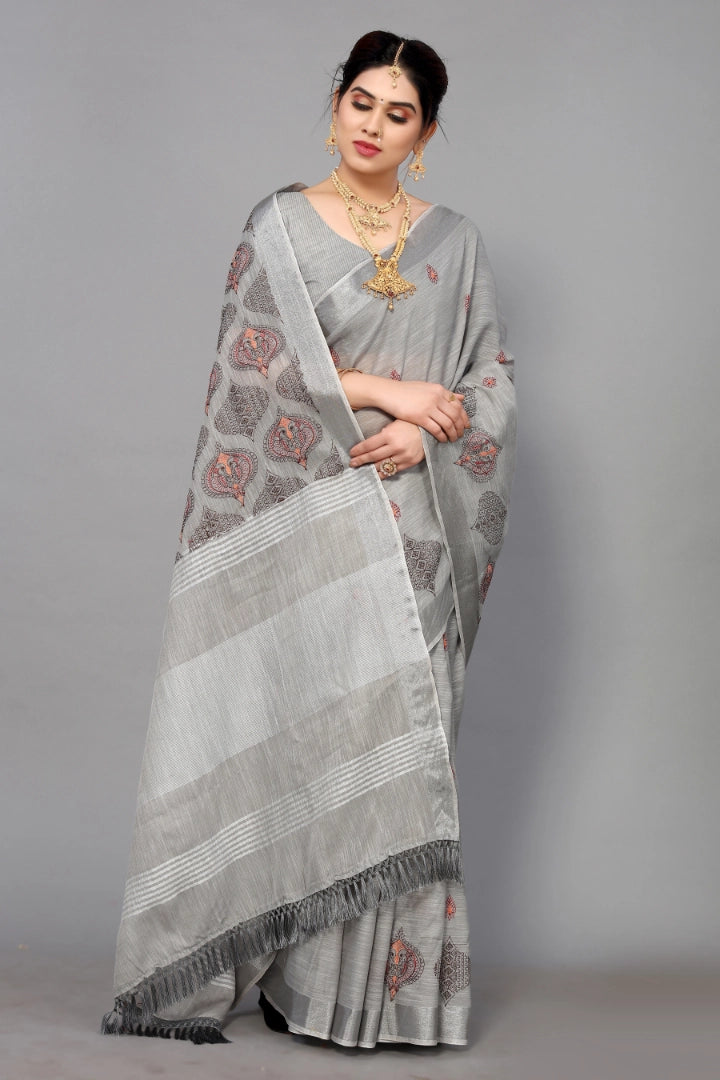 Platinum Grey Linen Cotton Embroidery Saree