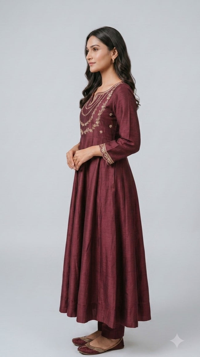 Wine Vichitra Silk Stitched Suit