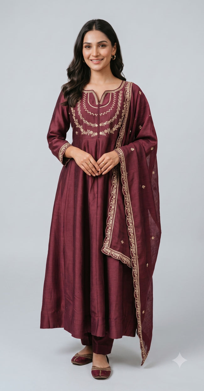 Wine Vichitra Silk Stitched Suit