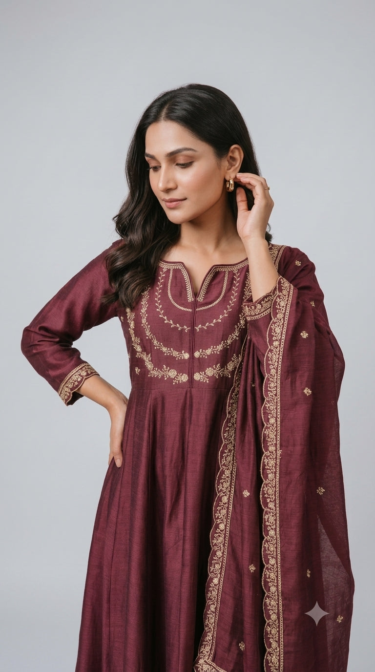 Wine Vichitra Silk Stitched Suit