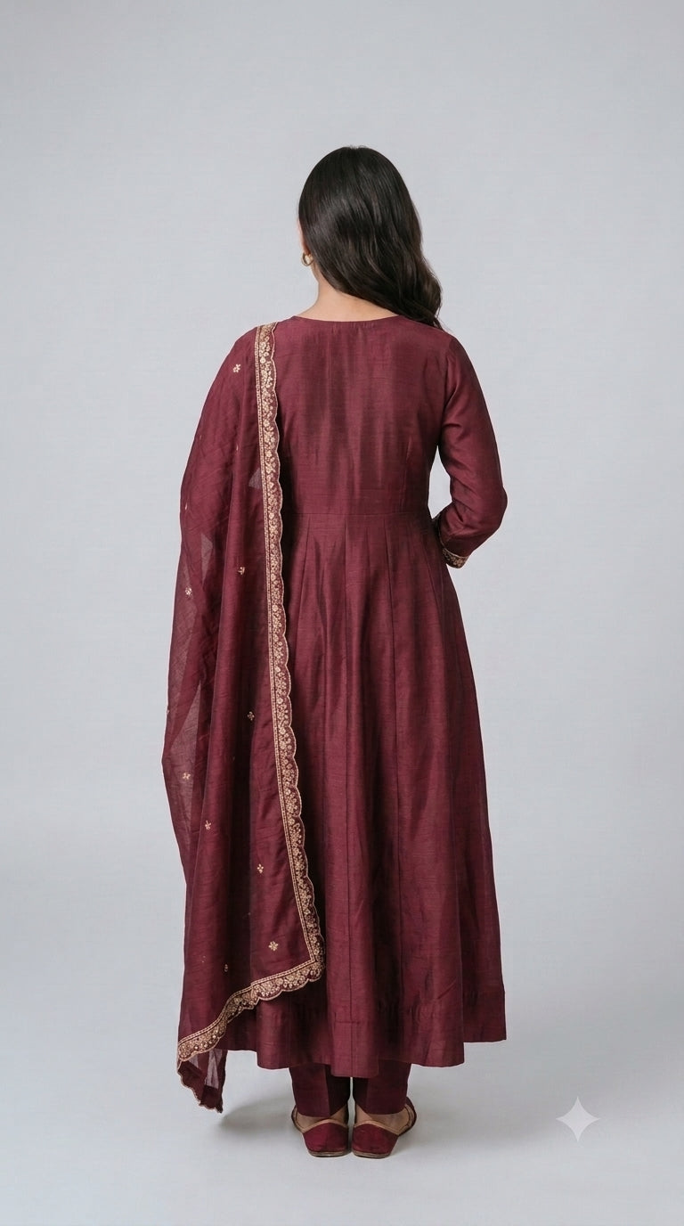 Wine Vichitra Silk Stitched Suit