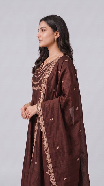 Coffee Brown Vichitra Silk Stitched Suit