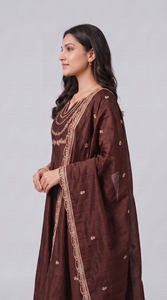 Coffee Brown Vichitra Silk Stitched Suit