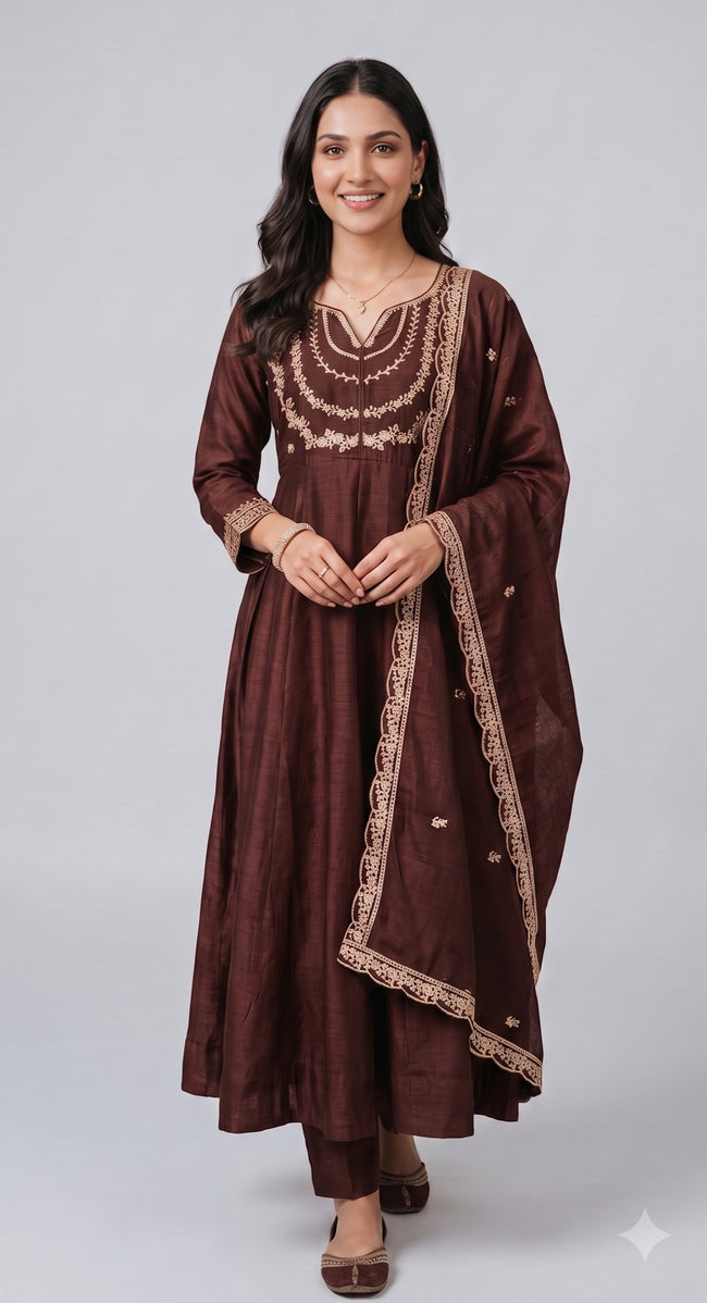 Coffee Brown Vichitra Silk Stitched Suit