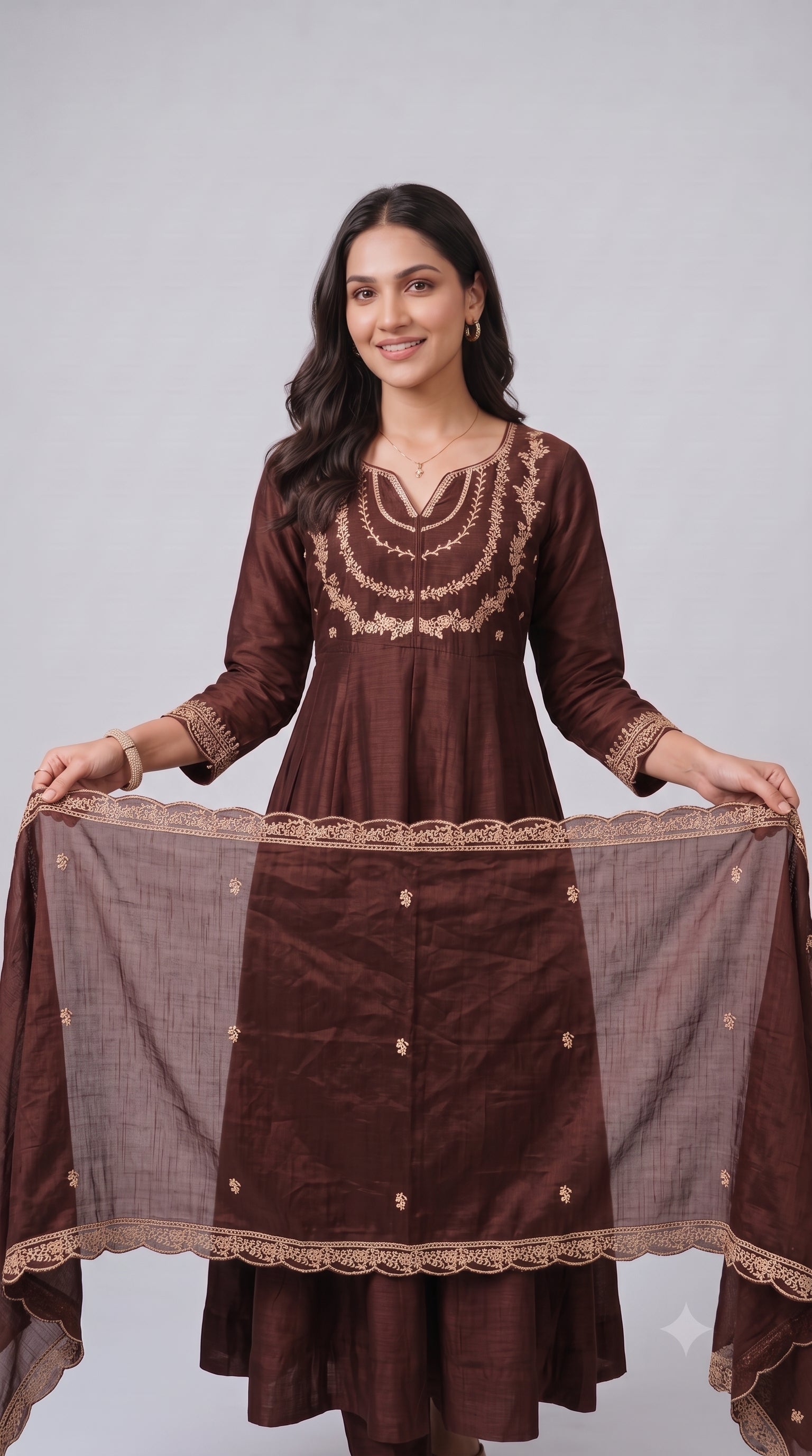 Coffee Brown Vichitra Silk Stitched Suit