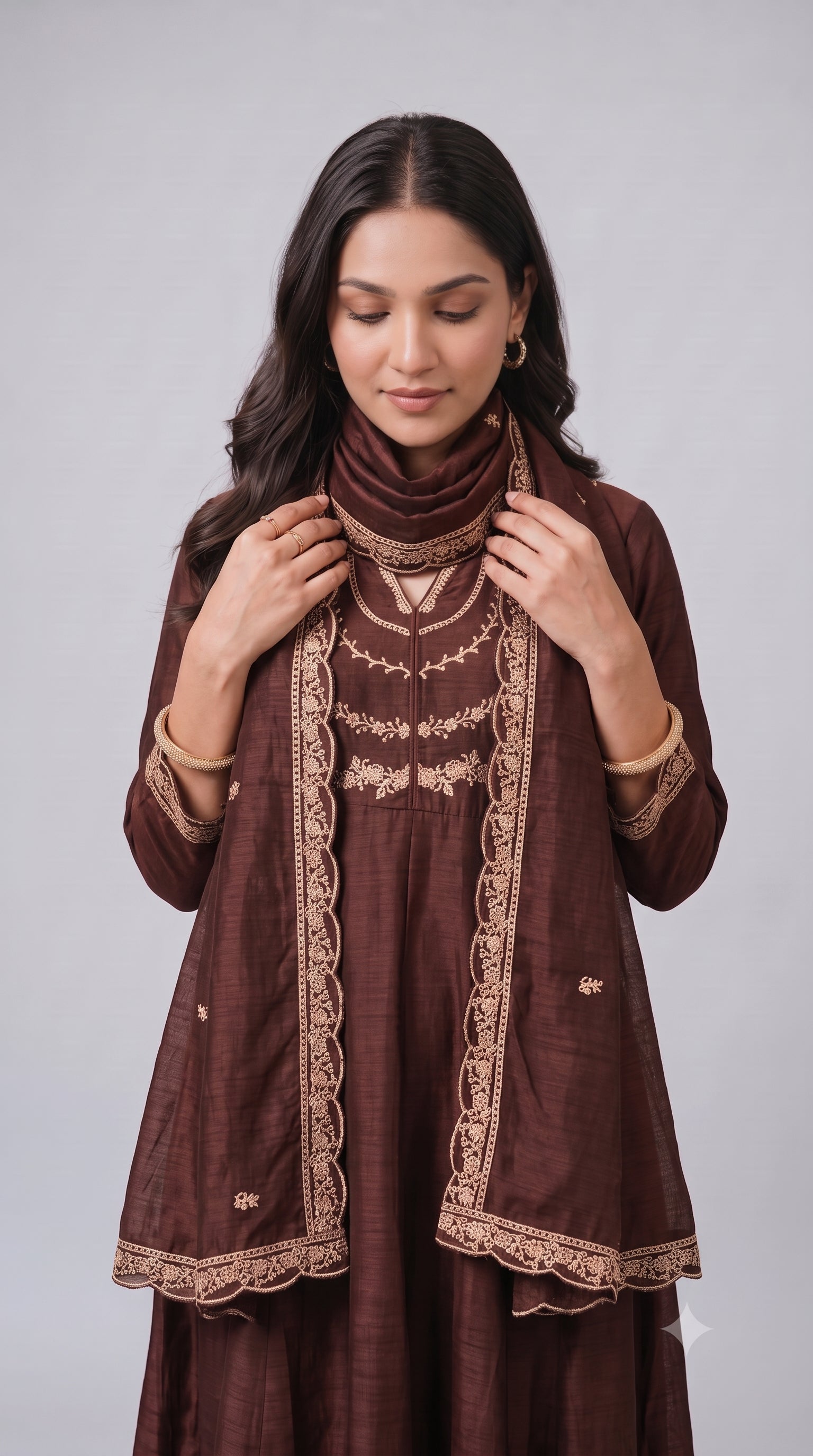 Coffee Brown Vichitra Silk Stitched Suit