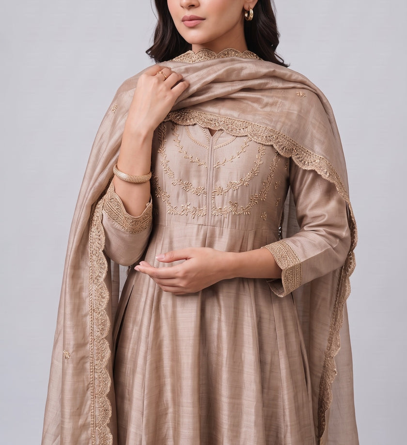 Cream Vichitra Silk Stitched Suit