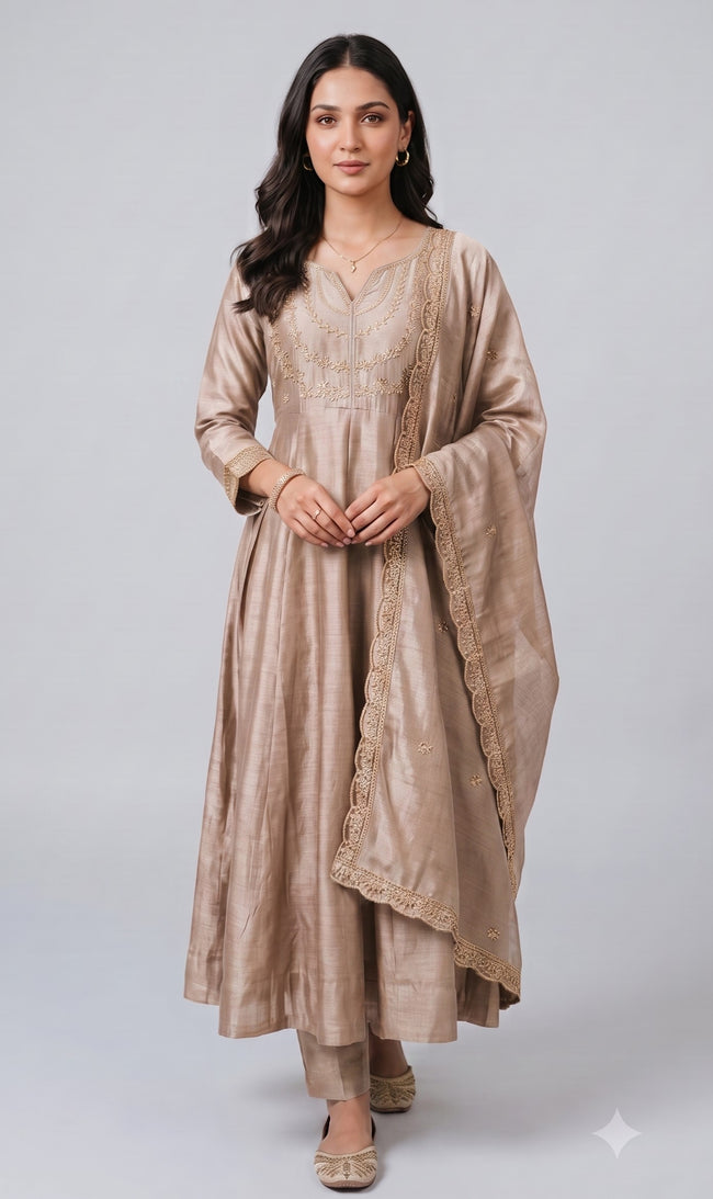Cream Vichitra Silk Stitched Suit