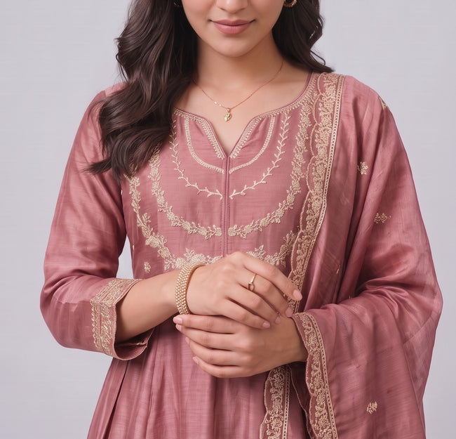 Rose Pink Vichitra Silk Stitched Suit