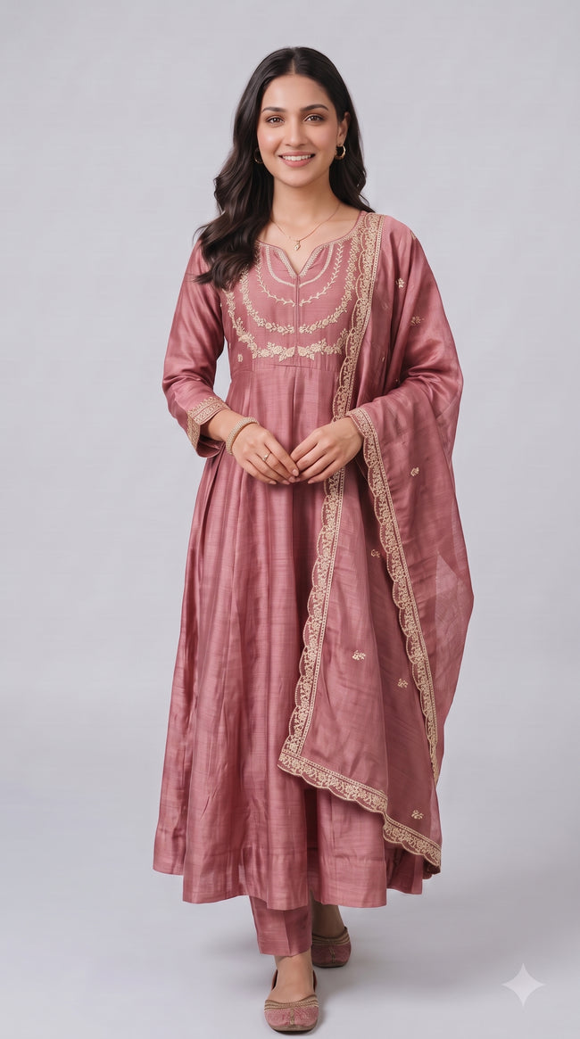 Rose Pink Vichitra Silk Stitched Suit