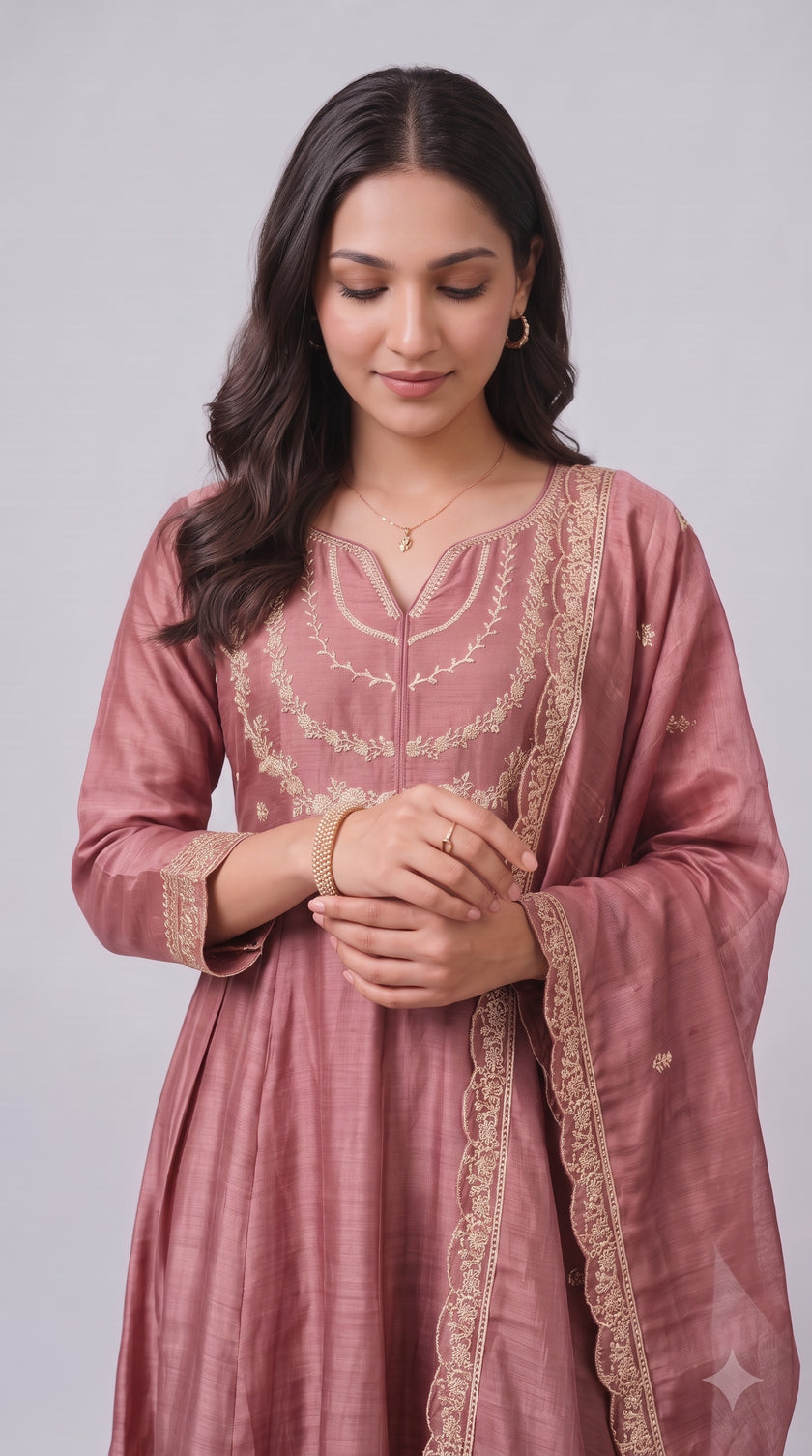 Rose Pink Vichitra Silk Stitched Suit