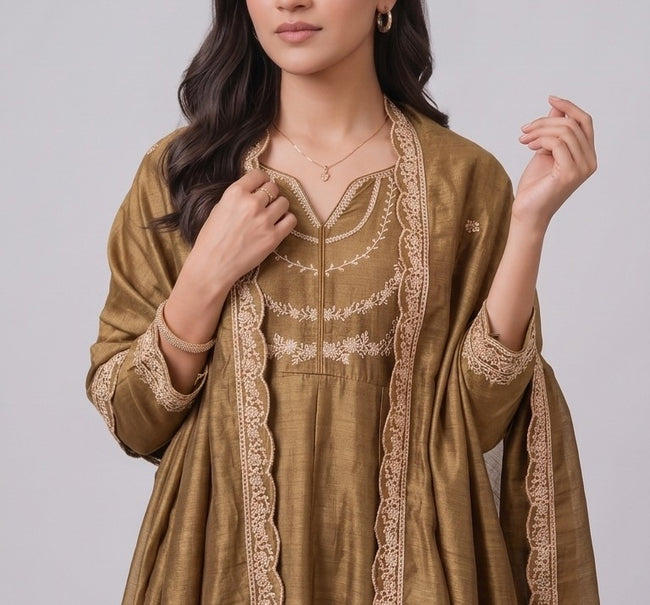 Gold Vichitra Silk Stitched Suit