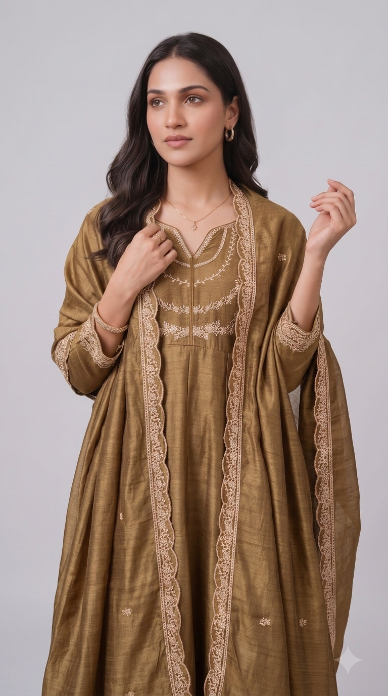 Gold Vichitra Silk Stitched Suit