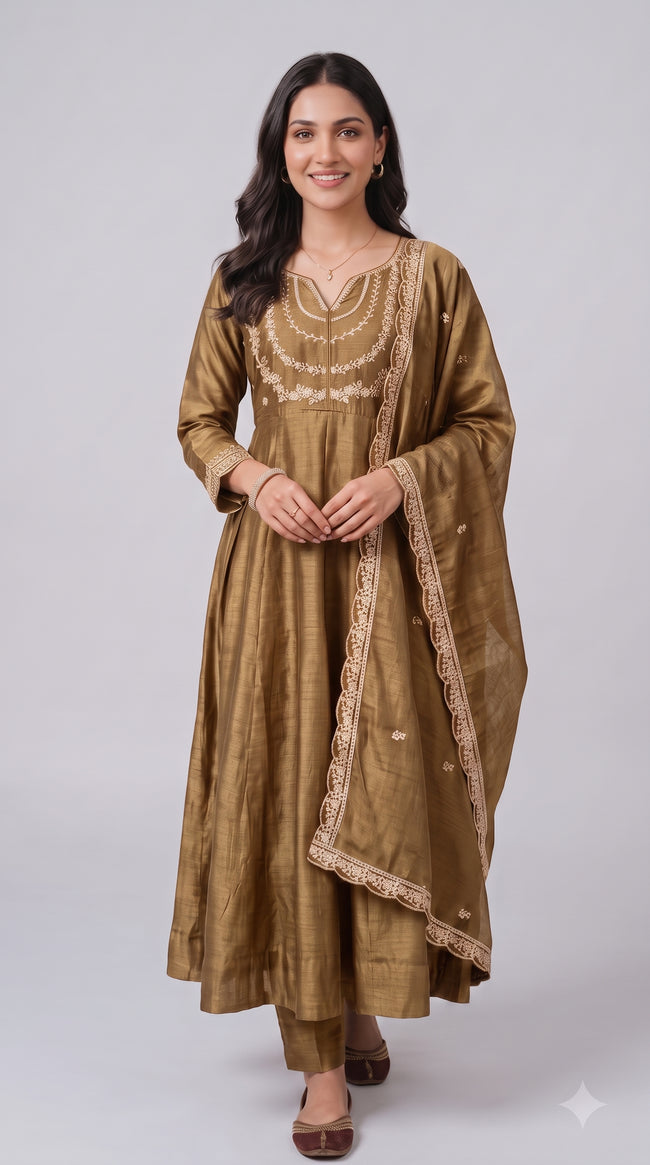 Gold Vichitra Silk Stitched Suit