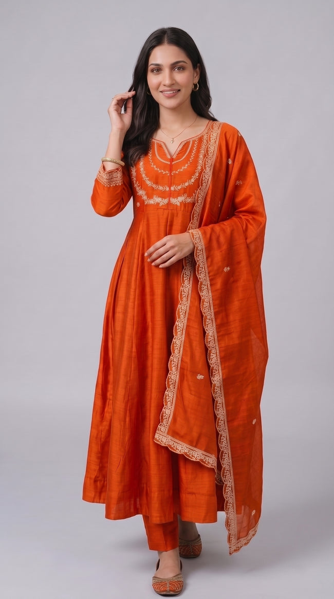 Orange Vichitra Silk Stitched Suit