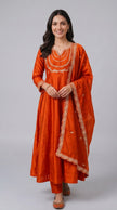 Orange Vichitra Silk Stitched Suit