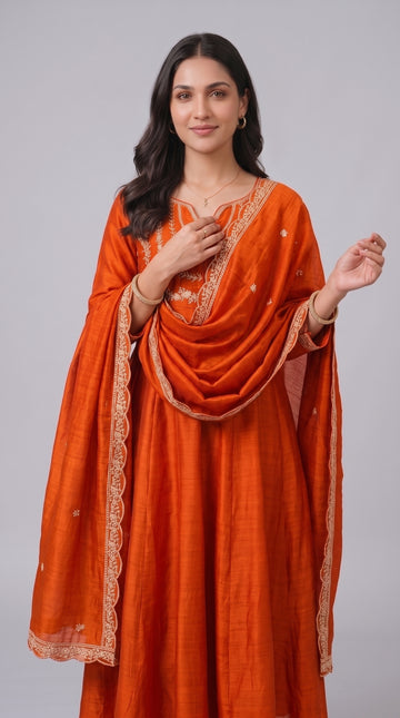 Orange Vichitra Silk Stitched Suit