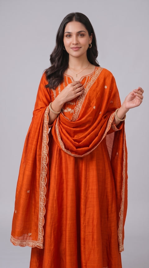 Orange Vichitra Silk Stitched Suit