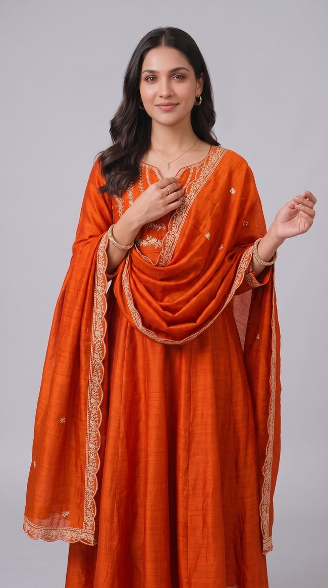 Orange Vichitra Silk Stitched Suit