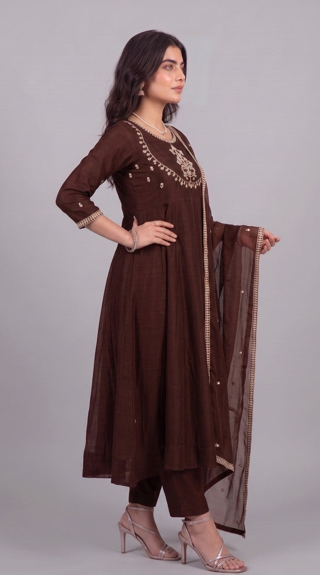 Brown Vichitra Silk Stitched Suit With Neck Embroidery