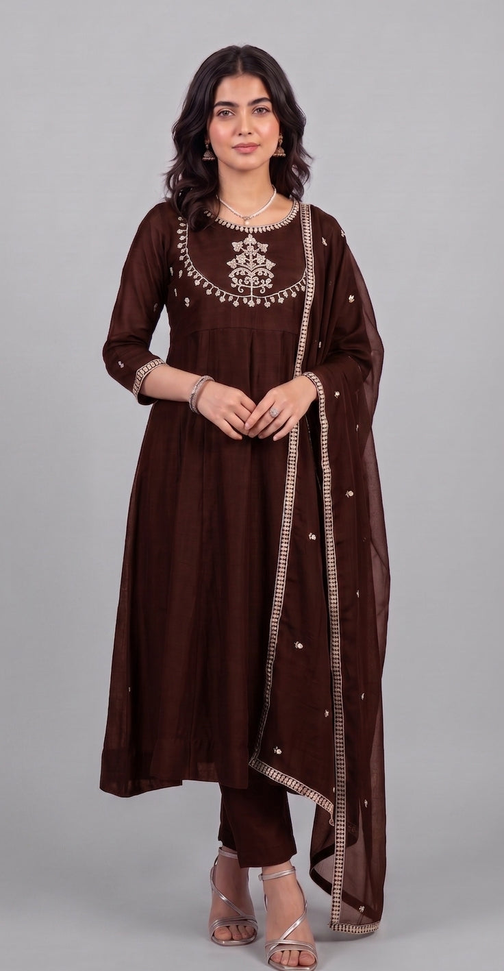 Brown Vichitra Silk Stitched Suit With Neck Embroidery