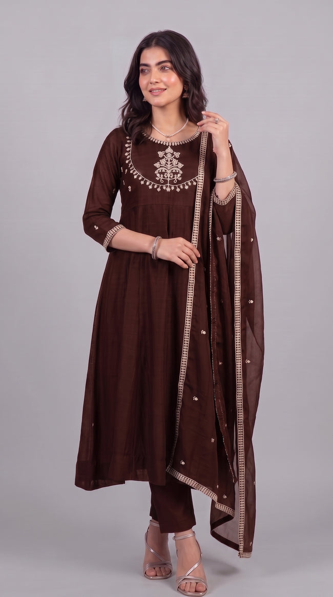 Brown Vichitra Silk Stitched Suit With Neck Embroidery