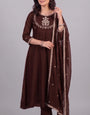Brown Vichitra Silk Stitched Suit With Neck Embroidery