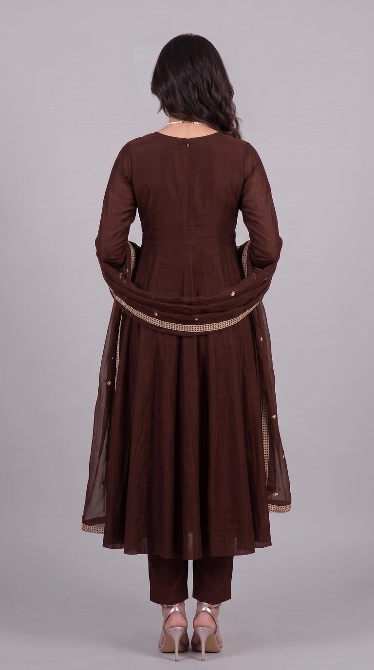 Brown Vichitra Silk Stitched Suit With Neck Embroidery