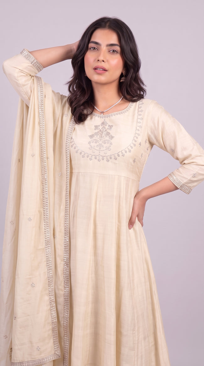 Beige Vichitra Silk Stitched Suit With Neck Embroidery