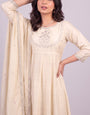 Beige Vichitra Silk Stitched Suit With Neck Embroidery