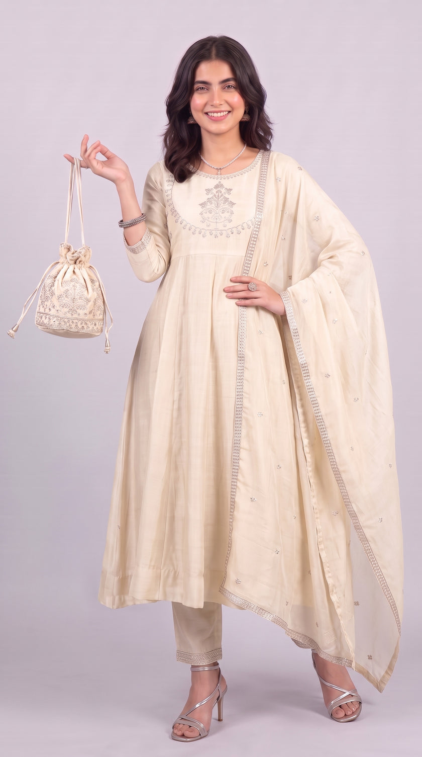 Beige Vichitra Silk Stitched Suit With Neck Embroidery