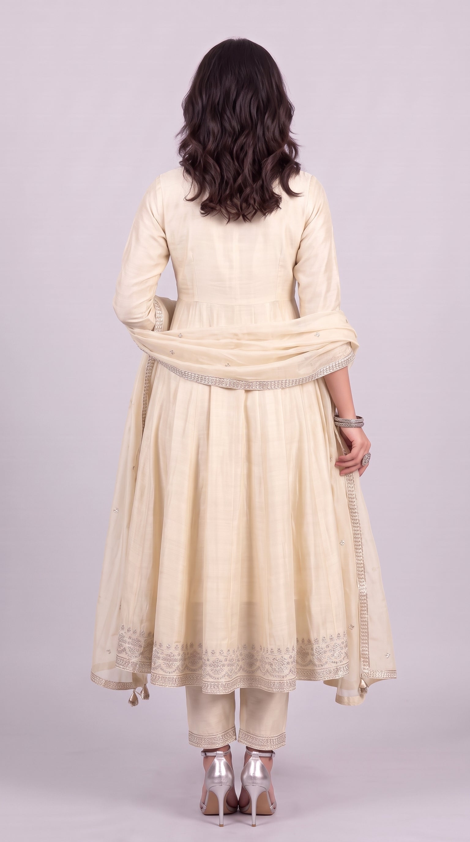 Beige Vichitra Silk Stitched Suit With Neck Embroidery