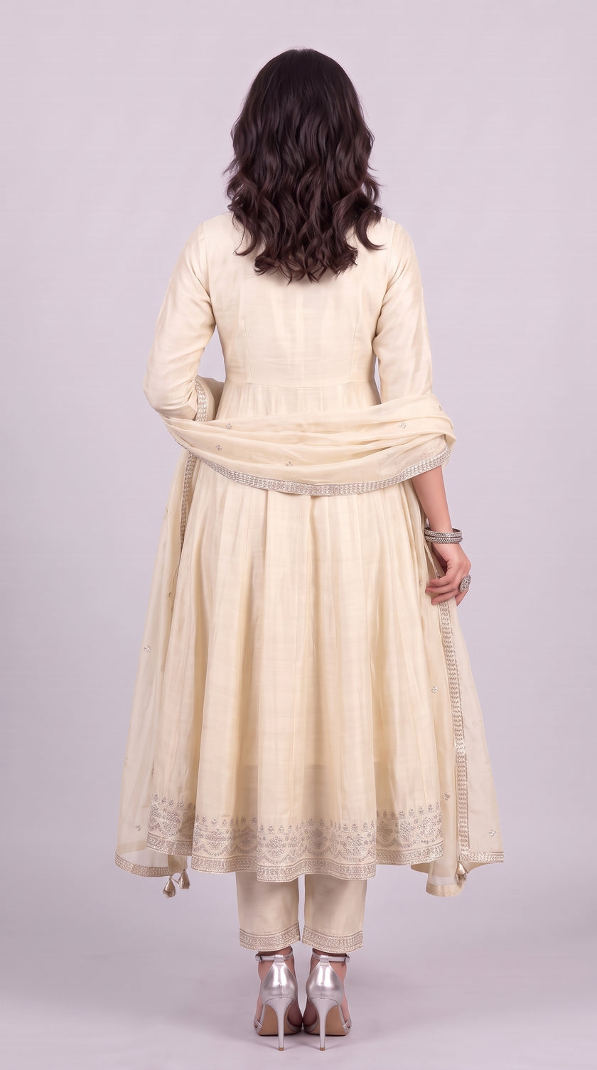 Beige Vichitra Silk Stitched Suit With Neck Embroidery