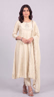 Beige Vichitra Silk Stitched Suit With Neck Embroidery