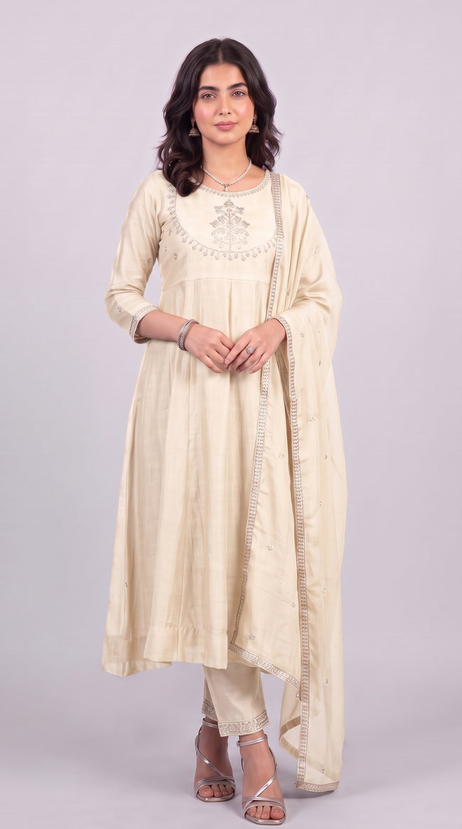 Beige Vichitra Silk Stitched Suit With Neck Embroidery