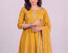 Mustard Yellow Vichitra Silk Stitched Suit With Neck Embroidery
