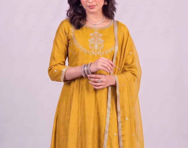 Mustard Yellow Vichitra Silk Stitched Suit With Neck Embroidery