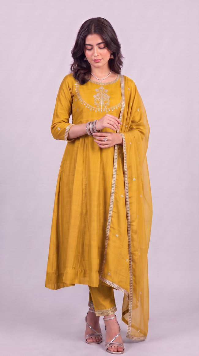 Mustard Yellow Vichitra Silk Stitched Suit With Neck Embroidery