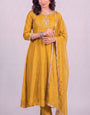 Mustard Yellow Vichitra Silk Stitched Suit With Neck Embroidery