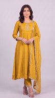 Mustard Yellow Vichitra Silk Stitched Suit With Neck Embroidery