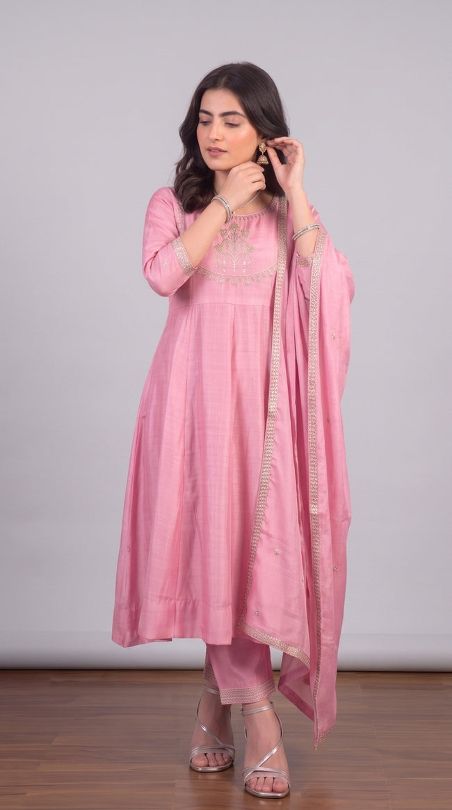 Pink Vichitra Silk Stitched Suit With Neck Embroidery