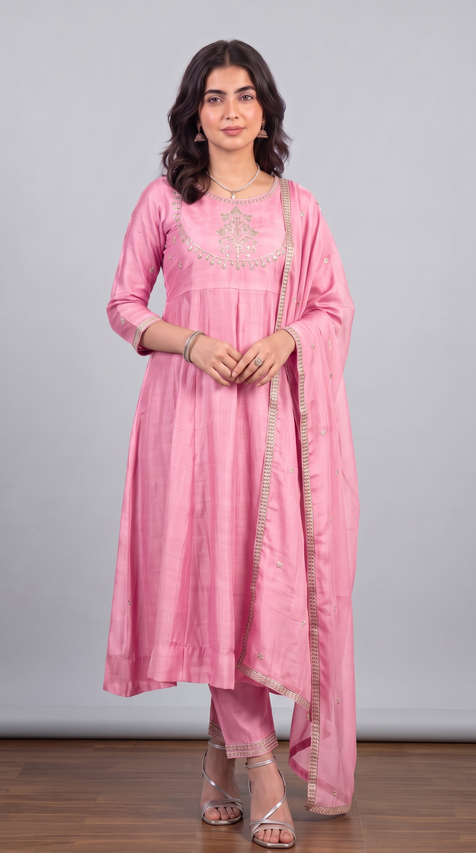 Pink Vichitra Silk Stitched Suit With Neck Embroidery